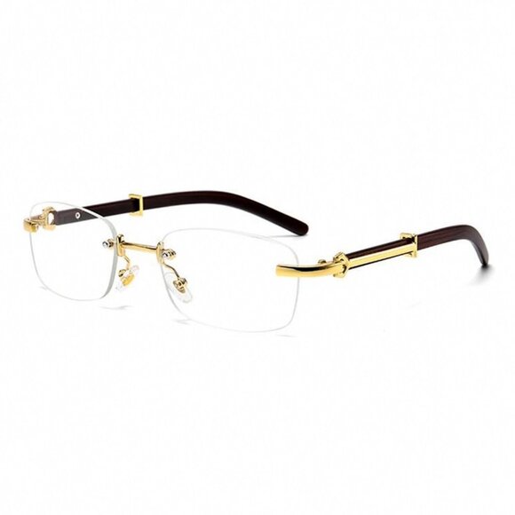 Retro ​Men's Gold Frame Elegant Rectangle Clear Lens Hip Hop Woodgrain Glasses - Picture 1 of 4